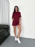 Osy Modal Yumuşak Dokulu Kumaş Parçalı Bisiklet Yaka T-shirt Kısa Şort İkili Takım -  Bordo resmi